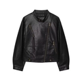 Women's black PU leather biker jacket with diagonal zipper and stand collar design - XS / Black