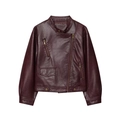 Women's burgundy faux leather moto jacket with zip details and stand collar - XS / Dark Red