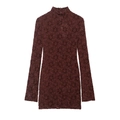 Elegante vestido midi de encaje rojo vino de manga larga con cuello alto y un corte entallado - XS / Burdeos