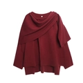 Detail of burgundy knit poncho sweater featuring a draped collar and matching button closure - XS / Red