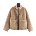 Bruine teddy jas van imitatielamswol met opstaande kraag en grote zakken - XS / Khaki