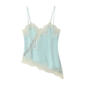 Detailed view of light blue satin camisole with delicate white eyelash lace trim - Cyan