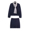 Minimalist navy knit two-piece set with grey contrast trim and scarf collar detail - S / Navy Blue