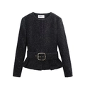 Elegant black tweed short jacket with waist belt and gold buckle for women - XS / Tops