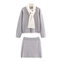 Minimalist grey knit two-piece set featuring long sleeve top with scarf collar and skirt - S / Light Gray