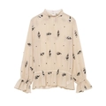 Elegante blusa de gasa beige con bordado floral de lentejuelas negras y cuello de volantes - XS / Blanco Roto