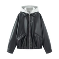 Men's black faux leather jacket with grey knit hood and large flap pockets on the chest - XS / Black
