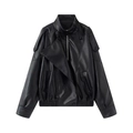 Vintage Damen Motorradjacke aus schwarzem Kunstleder mit Stehkragen und asymmetrischer Klappe - XS / Schwarz