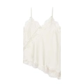 Detail of pearl white satin camisole with delicate lace trim and asymmetrical hemline - White