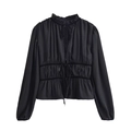 Elegante zwarte blouse met lange mouwen, ruffelkraag en fluwelen strikdetails - XS / Zwart
