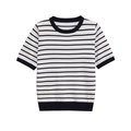 Classic black and white striped short sleeve knit top with crew neck in minimalist French style - S / Black
