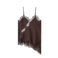 Close-up of dark brown satin camisole featuring delicate eyelash lace trim and silk finish - XS / Coffee