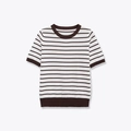 Short sleeve knitted top with white and brown stripes and ribbed trims on plain background - S / Coffee