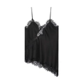 Elegant black satin camisole featuring delicate eyelash lace trim and asymmetric hem - XS / Black