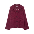 Women's deep purple chunky knit cardigan with oversized lapel and openwork hollow patterns - S / Rose Red