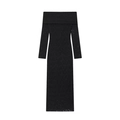 Elegant black lace off-shoulder long dress with intricate crochet patterns and long sleeves - XS / Black