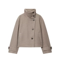 Short high collar wool blend jacket in taupe with asymmetric button closure and belted cuffs - XS / Camel