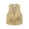 Women's tailored khaki satin vest with deep V-neck and decorative gold buttons - XS / Tops / Khaki