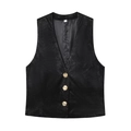 Women's black satin vest top with deep V-neck and decorative gold buttons - XS / Tops / Black