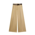 Detail of high-waisted satin wide-leg trousers in champagne gold with a slim brown belt - XS / Bottoms / Khaki