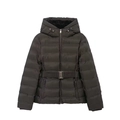 Detail of black hooded jacket featuring adjustable waist belt and quilted pattern - XS / Dark Olive
