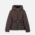 Detail of a dark brown quilted winter coat with adjustable belt and metallic buckle - XS / Dark Brown