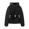 Women's slim fit hooded puffer jacket in black with gold zippers and elastic waist belt - XS / Black