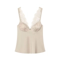 Detail van champagne satijnen camisole met wit wimperkant en een diepe V-hals voor dames - XS / Broken Wit