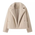 Chic beige faux fur jacket with oversized lapels and side pockets on a white background - S / Off White