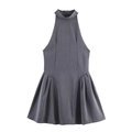 Detail of dark grey halter neck mini dress featuring pleated A-line skirt and back zipper - XS / Gray