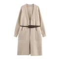 Damen Strickjacke in Creme mit langen Ärmeln, Seitentaschen und Taillengürtel - S / Aprikose
