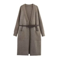Damen Strickjacke in Mittellänge mit Gürtel, V-Ausschnitt und großen Seitentaschen, Braun - S / Grau