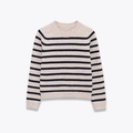 Classic striped crewneck knit sweater in beige and navy, elegant long sleeve wool jumper - S / Apricot