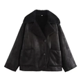 Detail of a black shearling jacket with large lapels and textured faux suede finish - XS / Black