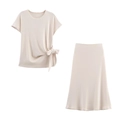 Women's beige casual two-piece set with knot-detail short sleeve top and midi A-line skirt - Cream White Set