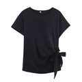 Detail of black knit top with a side knot bow and ribbed texture and crew neckline - Black Top