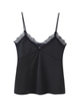 Detail van zwarte satijnen top met verfijnd wimperkant en een diepe, elegante V-halslijn - S / Zwart
