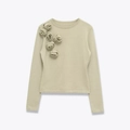 Slim fit long sleeve knit sweater in sage green with 3D floral rose decorations - S / Matcha Green