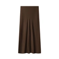 Eleganter brauner Satin-Midirock mit hoher Taille, glänzendem Finish und A-Linien-Silhouette - XS / Kaffeebraun