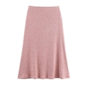 Detail of pink rib-knit midi skirt showing soft texture and high-waisted elastic design - Pink