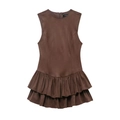 Deep brown sleeveless faux suede mini dress with elegant double ruffle hem and slim fit - XS / Coffee