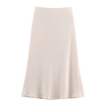 Detail of beige A-line midi skirt showing the soft vertical ribbed texture and minimalist cut - Milk White