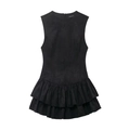 Black sleeveless crew neck mini dress with layered ruffle hem and suede texture flat lay - XS / Black