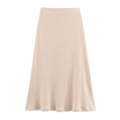 Detailed close-up of beige ribbed knit midi skirt with high waist and A-line silhouette - Cream White Skirt