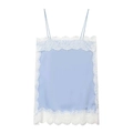 Elegant light blue satin camisole top with white floral lace trim and delicate straps - Sky Blue