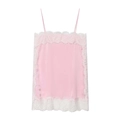 Pink satin camisole top with white lace trim and adjustable straps on white background - Pink