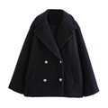 Detail of black double-breasted coat featuring textured wool and gold embossed buttons - XS / Black