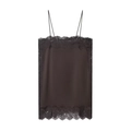 Detailaufnahme des schwarzen Seidensatin-Camisoles mit floraler Spitze und Spaghettiträgern - XS / Kaffeebraun
