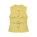 Elegant yellow tweed vest for women with gold metal buttons and a matching waist belt - S / Yellow