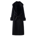 Elegant black winter wool coat with luxury faux fur collar and adjustable waist belt - S / Black